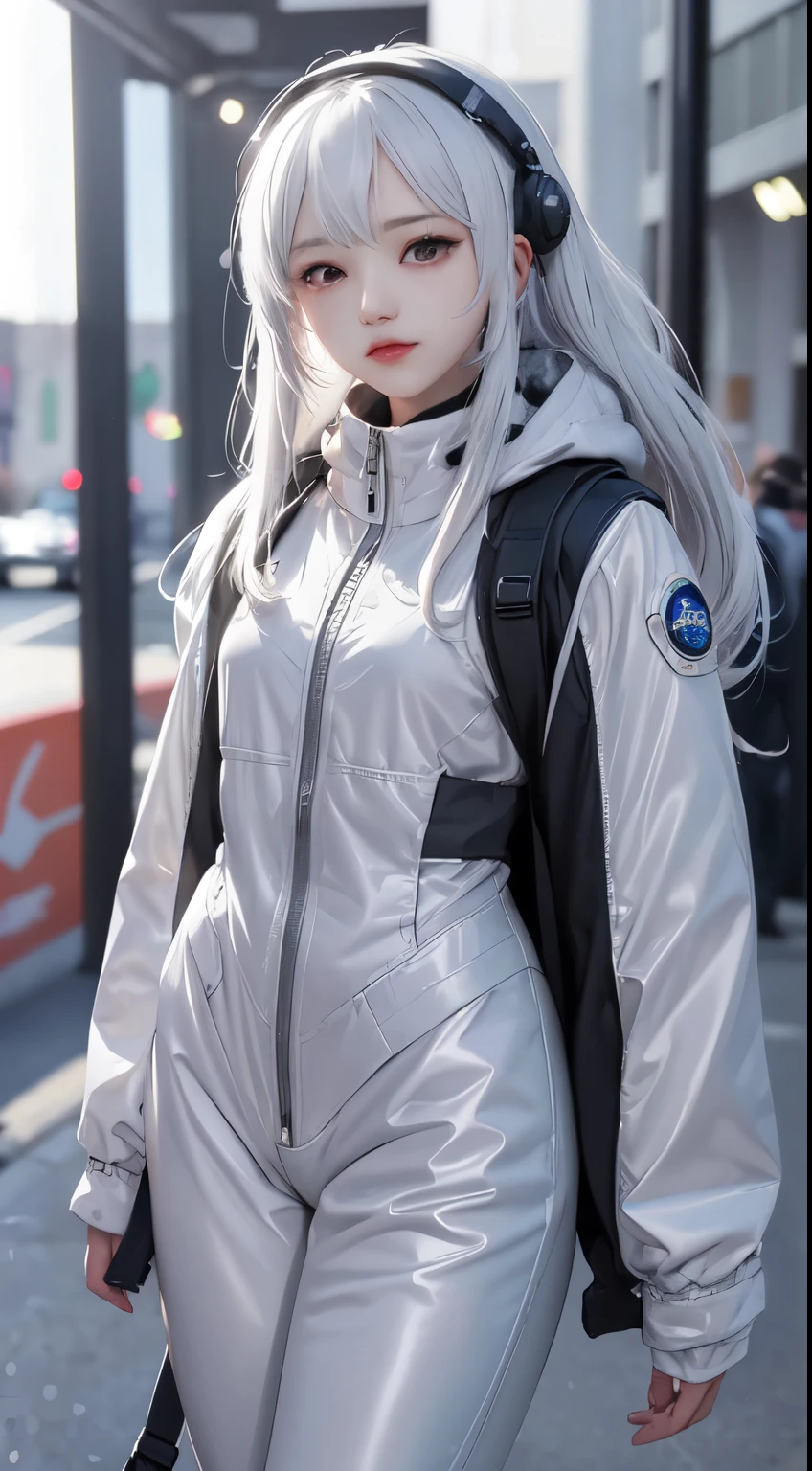 1 girl, helmet, Hood, alone, space suit, extra long_hair, forehead, jacket, upper part of the body_body, White_hair, bag, hazy, coat, gray_eye, mask, hazy_background, backpack, zipper, mouth_mask, covered_mouth, urban tech clothing, outfit，lower body，pretty long legs，unequal cyber leggings，with shining light，zipper 기계식 부츠，full body shot