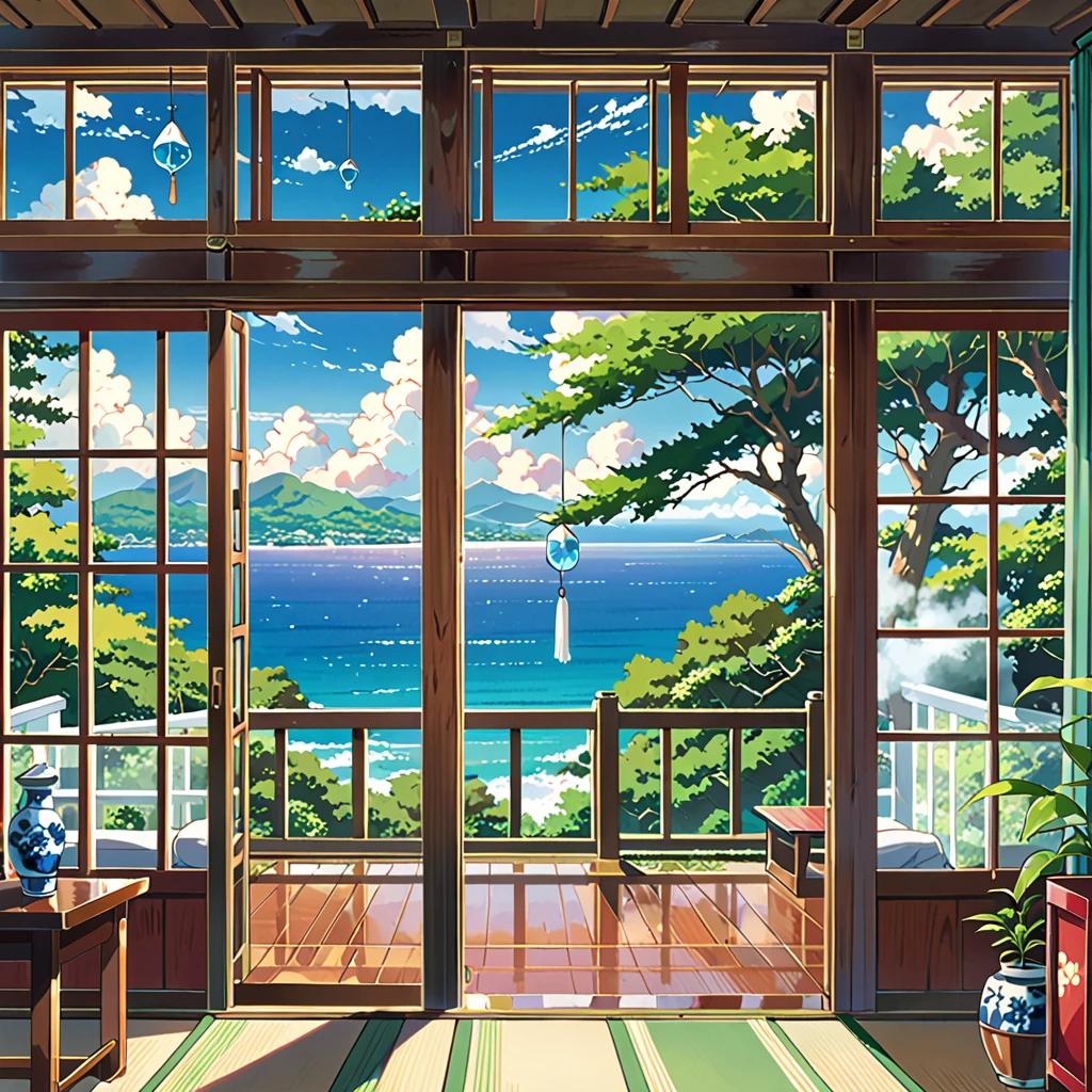 score_9, score_8_up, score_7_up, zPDXL,Shinkaistyle, no humans, Best Quality, high res, Illustration, anime background image only, hot summer day, inside a traditional Japanese room, green trees and ocean view from verandah, blue sky with cumulonimbus cloud, glass wind chime under the eaves,