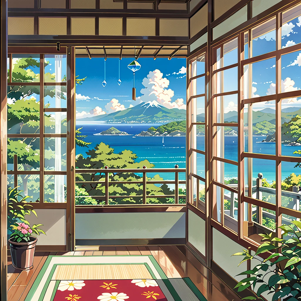 score_9, score_8_up, score_7_up, zPDXL,Shinkaistyle, no humans, Best Quality, high res, Illustration, anime background image only, hot summer day, inside a traditional Japanese room, green trees and ocean view from verandah, blue sky with cumulonimbus cloud, glass wind chime under the eaves,