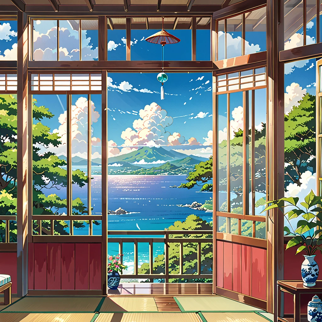 score_9, score_8_up, score_7_up, zPDXL,Shinkaistyle, no humans, Best Quality, high res, Illustration, anime background image only, hot summer day, inside a traditional Japanese room, green trees and ocean view from verandah, blue sky with cumulonimbus cloud, glass wind chime under the eaves,