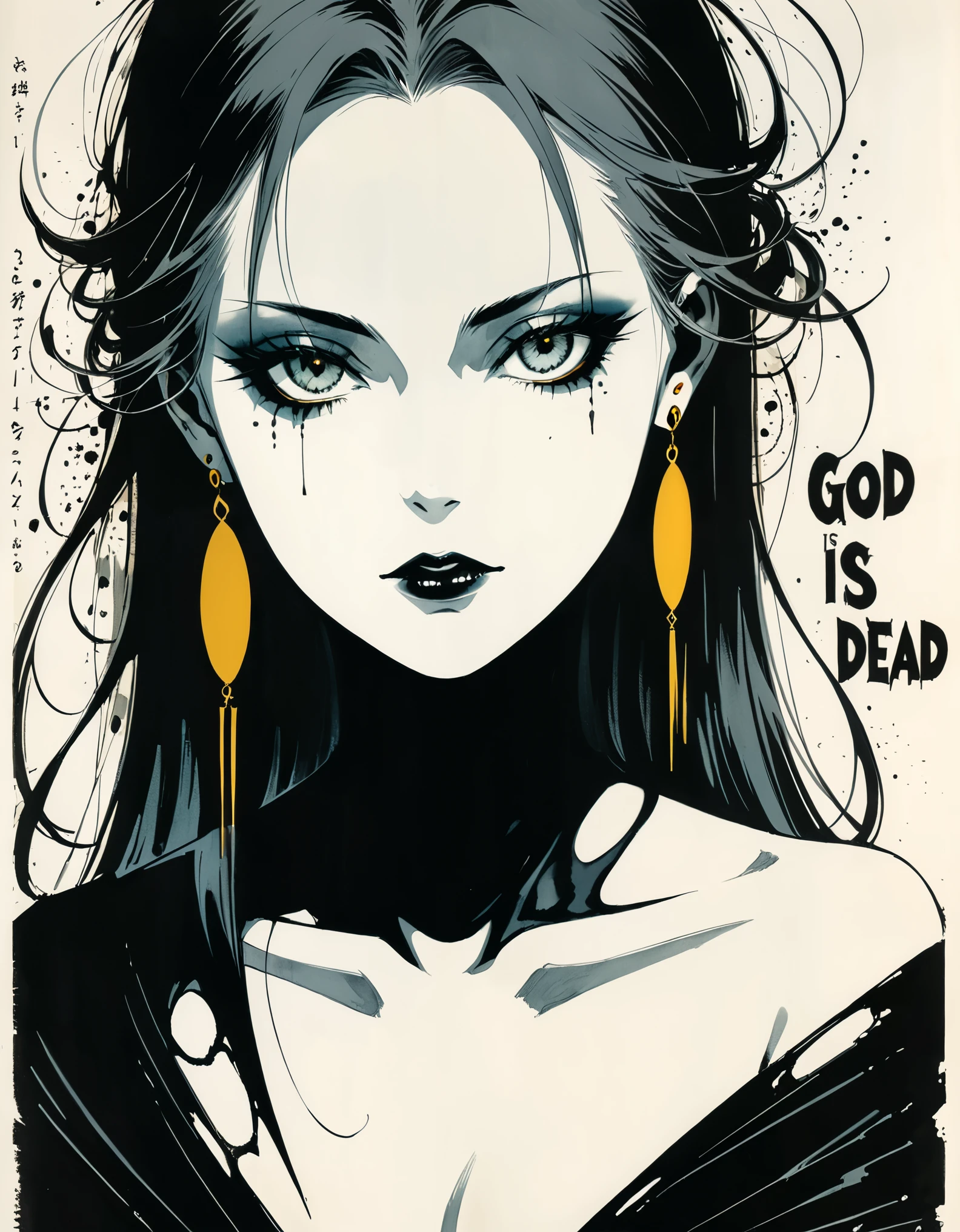 in style of Gris Grimly,in style of Hans Hartung
amazing artistic special effects from Hans Hartung,{with the text:"GoD IS DEAD":1.8},1girl,captivating gaze,multiple earrings