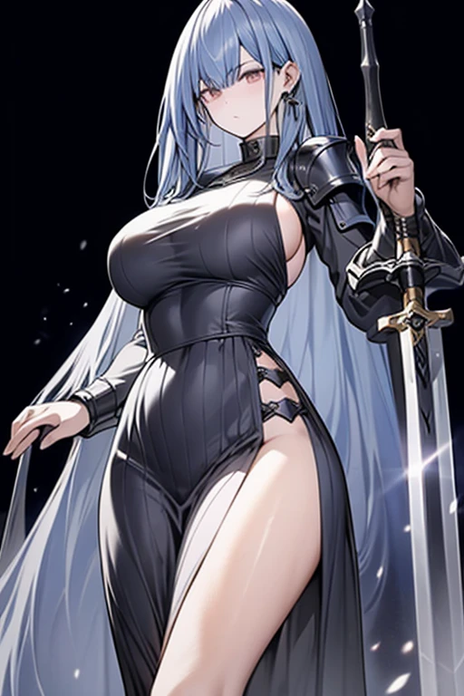black hair, plainclothes sword, armor dress, big tits, masterpiece, highest quality, holding a sword