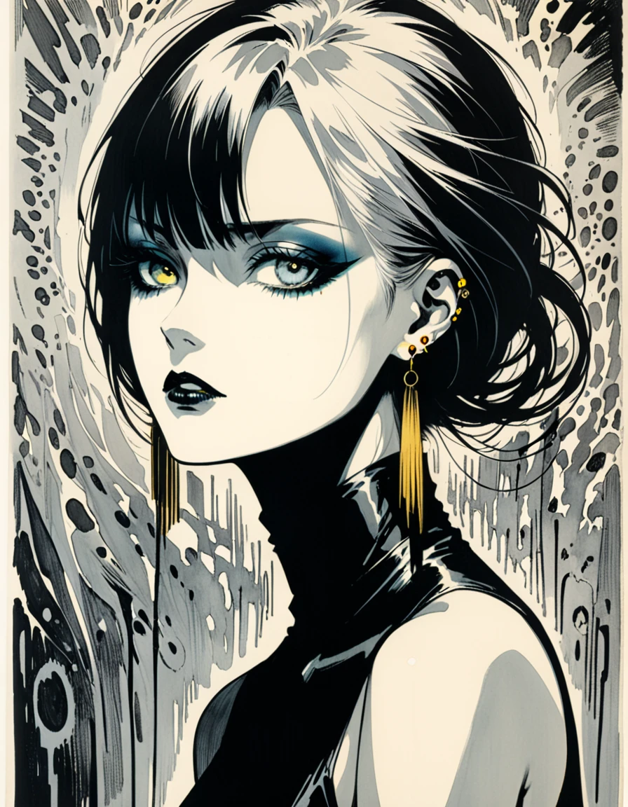 in style of Gris Grimly,in style of Hans Hartung
amazing artistic special effects from Hans Hartung,{with the text:"GoD IS DEAD":1.8},1girl,captivating gaze,multiple earrings