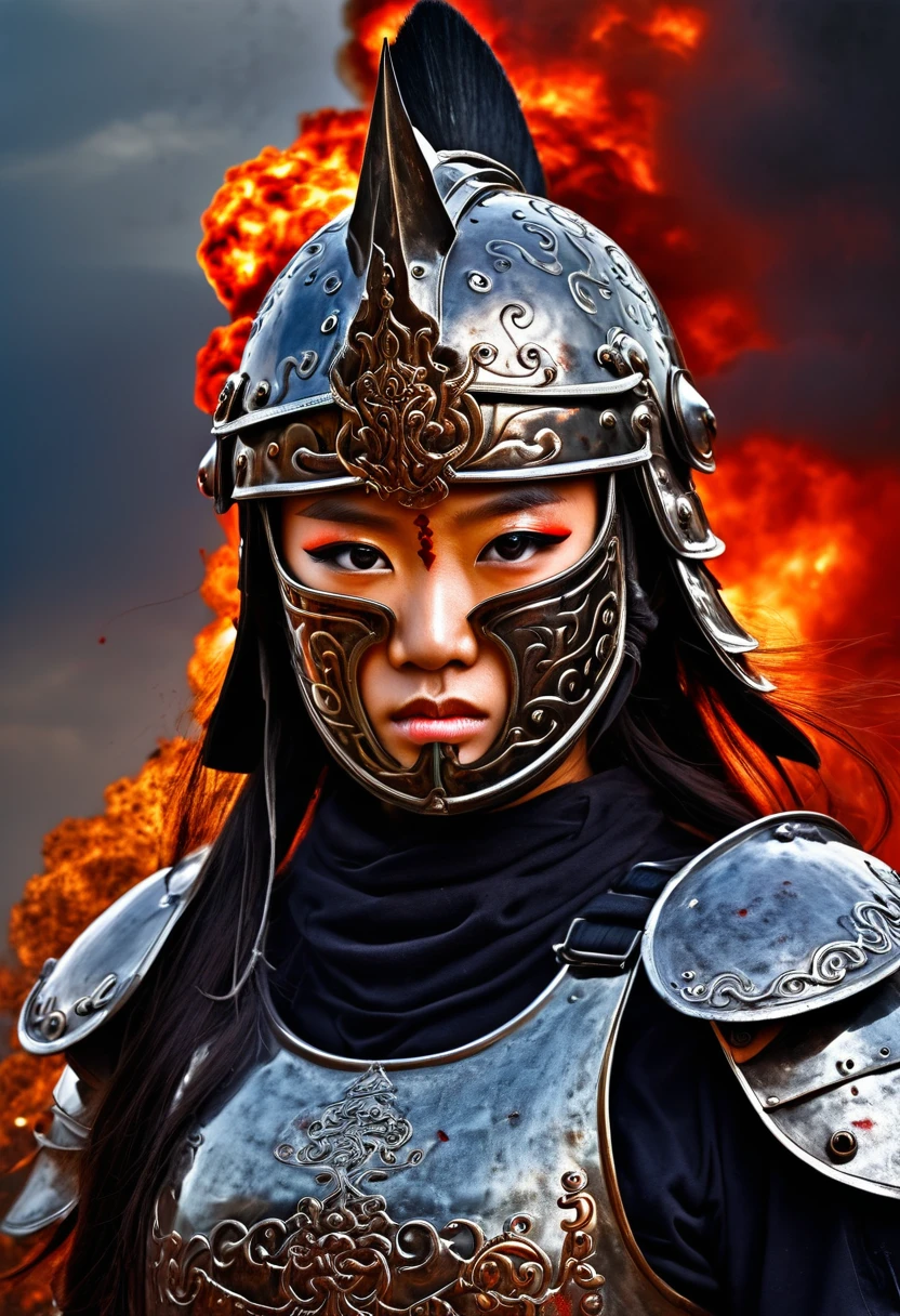 Close-up of an immortal female warrior in Vietnamese mythology, 18 years old, decorated with pearls, majestic and majestic, bright eyes, long hair, extremely beautiful, shiny iron armor, fierce iron helmet, weapon is a tightly rolled bundle of ivory bamboo, invincible female warrior, ((background of smoke, fire, lightning)), ((blood stains on armor, helmet)).
The eyes are filled with hatred and the power to destroy enemies. Behind are traces of blood and violence. The sky is filled with swirling, fiery clouds. The photo conveys a strong sense of the appearance of a warrior