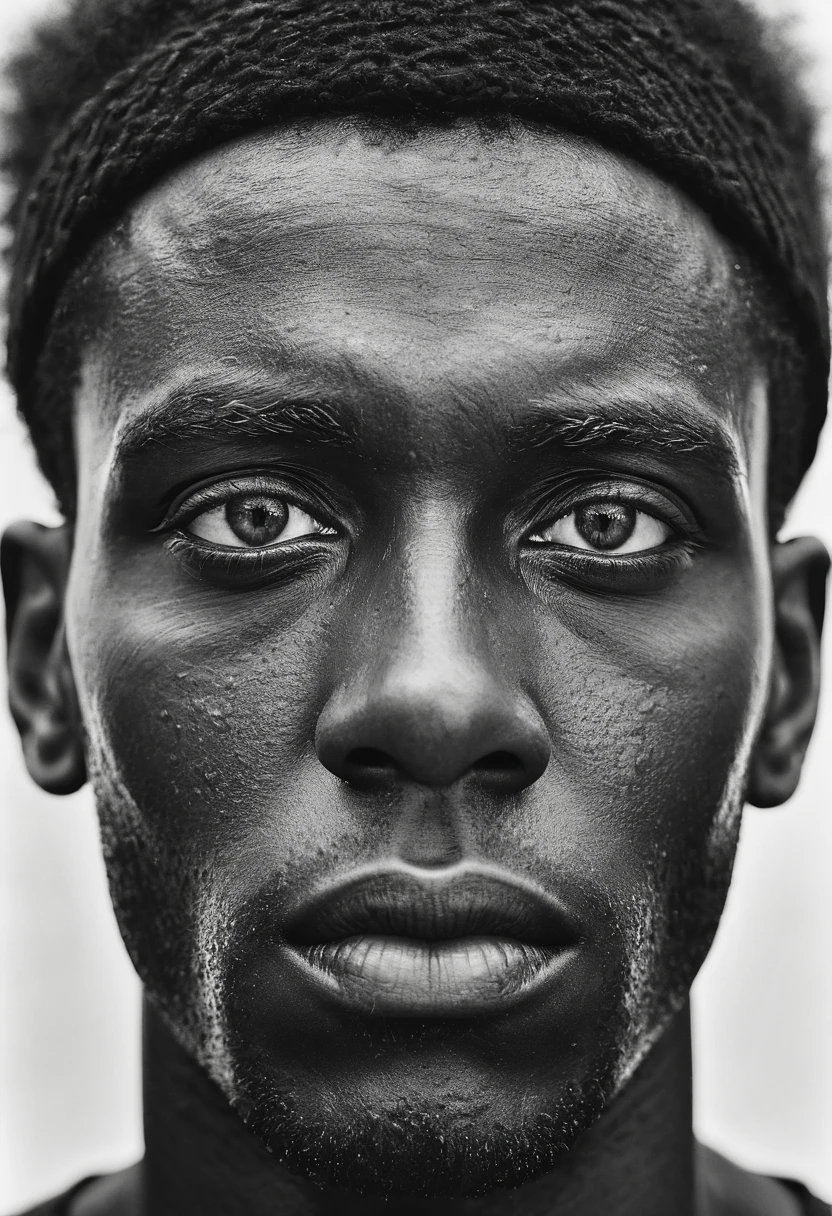 black male face, ultra detailed, high detailed skin, (face covered by milk:1.2), sharp reflection eyes, B&W, style of Norman Ackroyd