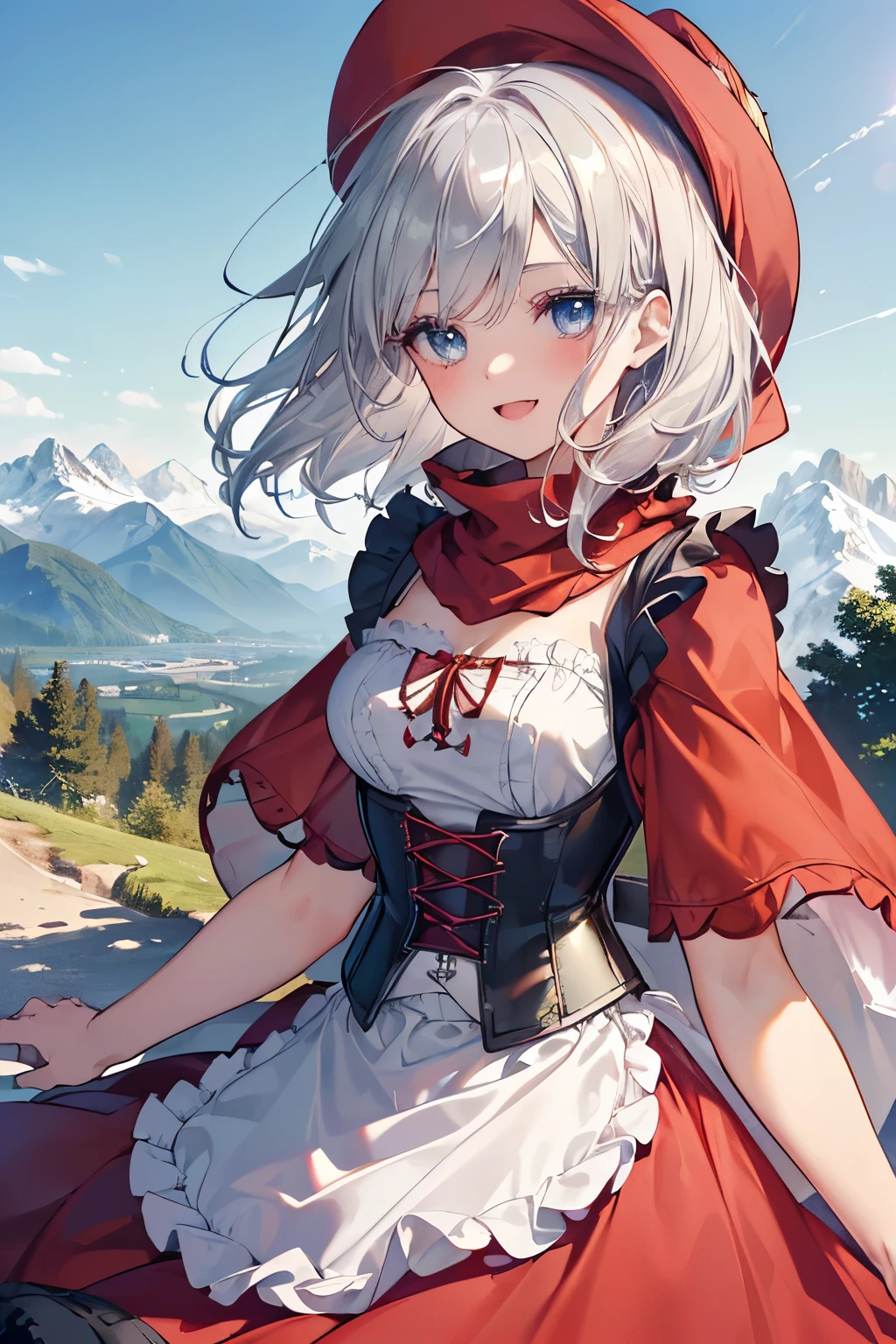 (Best quality,4K,8K,High resolution,Masterpiece:1.2),Super detailed,(Actual, Realistic),
break,
((Beautiful clear blue eyes:1.2)),very kind eyes,eyes wide open,beautiful eyelashes,beautiful lower eyelashes,
break,
((Beautiful and shiny silver hair:1.3)),A dazzling smile, a bursting smile, an open mouth laugh,
break,
BREAK (fusion of dirndl and short sleeve white blouse:1.4), ((deep-red Pinafore,deep green corset):1.3),(deep red oktoberfest hat:1.3),((a long red shawl covers her shoulders:1.4)),
break,
very happily,((bust shot)),zoom in,((Alps in the background:1.3))