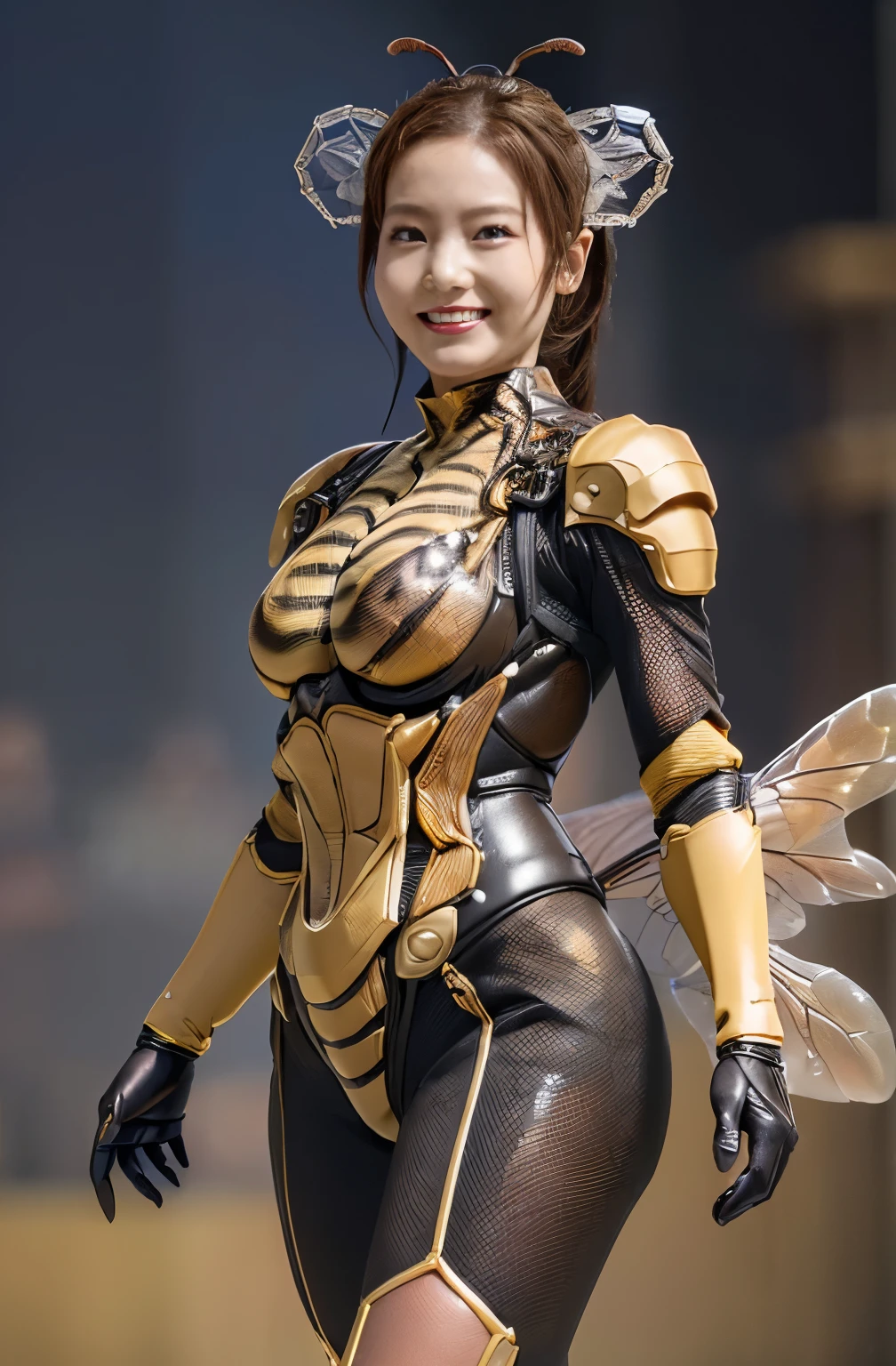 (high resolution,masterpiece,best quality,extremely detailed CG, anime, official art:1.4), realistic, photo, amazing fine details, all intricate, gloss and shiny,awesome many layers, 8k wall paper, 3d, sketch, kawaii, illustration,( solo:1.4), perfect female proportion,villainess, (fusion of queen bee and lady:1.4), (queen bee form lady:1.2), (queen bee lady:1.2), (fusion:1.2), (solo:1.4), (evil smile:1.2), muscular, abs, (queen bee exoskeleton bio insect suit:1.4), (queen bee exoskeleton bio insect armor:1.2), (brown transparency queen bee wing:1.4), (brown queen bee antennae:1.3), big breasts