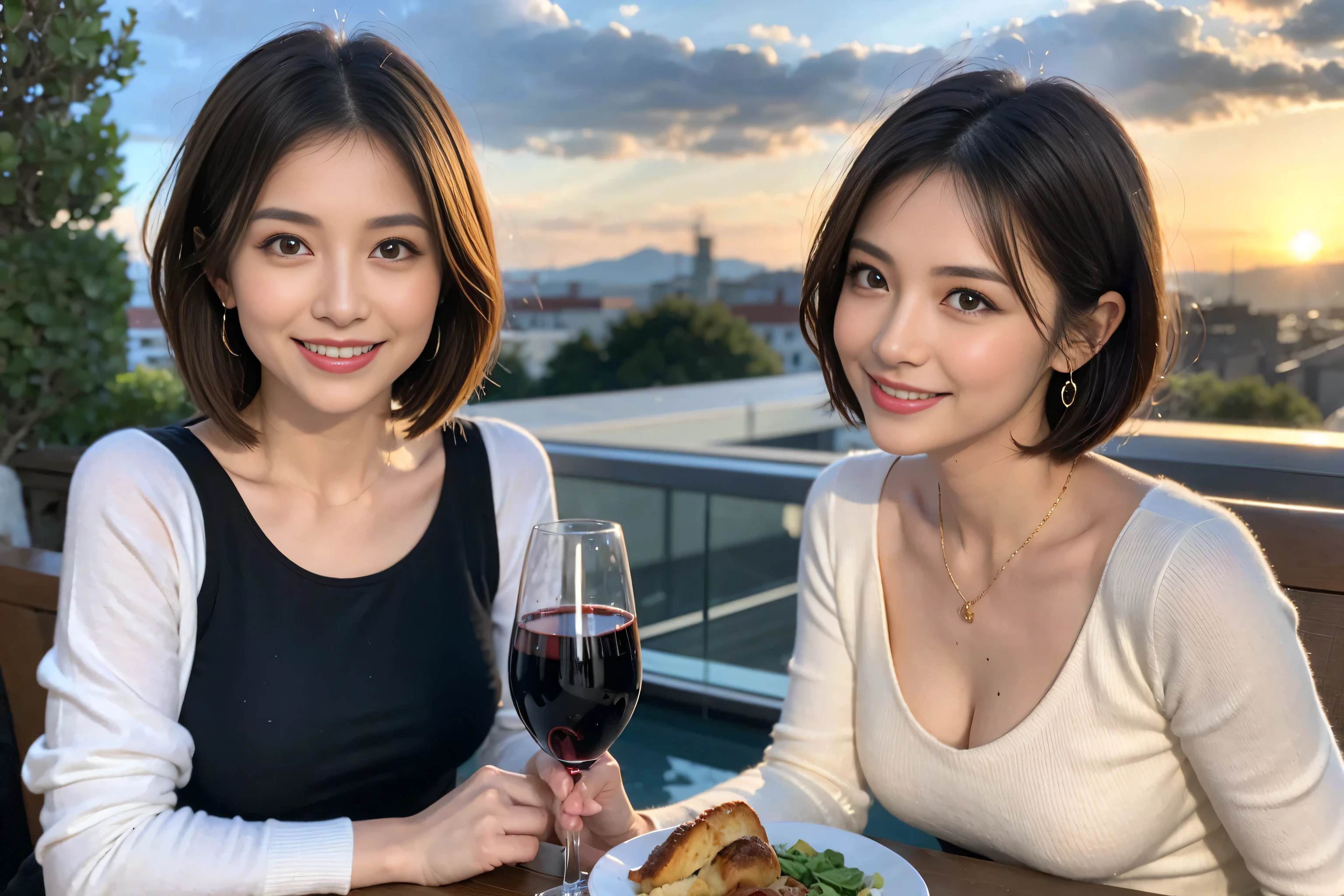 （Realistic:1.1）,(masterpiece,Highest quality)，8k,(49 years old), 53 years old, ベリーslimボディ、slimカップル、Tight waist,Upper Body,full-course dinner、wine 、Amazing view of the sunset sky and clouds、Perfect Anatomy, Brown Hair, short hair,Random Hairstyles,((Highly detailed face and eyes:1.2))，Perfect golden ratio face，Long sleeve shirt、dress,(smile:1.2)、Shortcuts、cute、(Realistic, Intricate details:1.2), A bright smile、short hair,Bright Face、赤wine 、Appetizers、Italian food、wine bottle、Champagne、スパークリングwine、(slimな顔), (The body is slim), (Brown Hair), (Shortcuts),  Upper Body, 白wine, slim, wineグラス, 