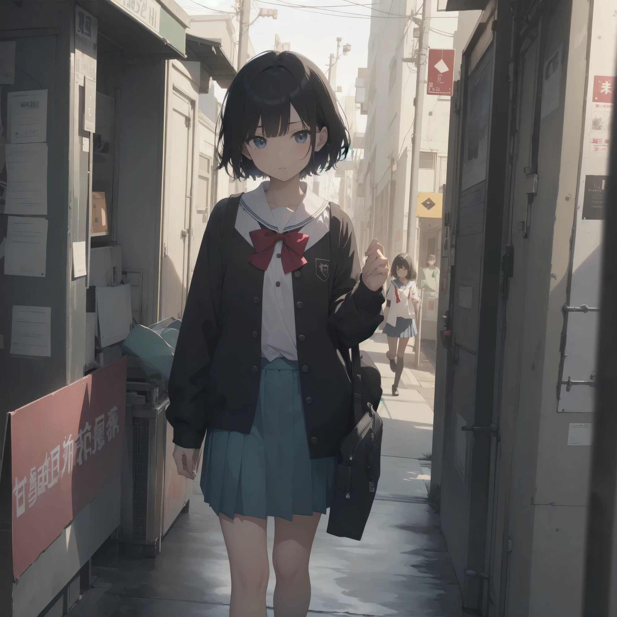 ultra-absurdres-Top quality by artist God, ultra-detailed, high resolution, anime moe artstyle, best anime 8k konachan wallpaper, pixiv contest winner, pool:2810, perfect anatomy,break, 1girl, (Please draw a girl walking sleepily to school alone. )break,(Solo,little female, 13-year-old:1.3),Full limbs, complete fingers,a junior high school student, (very short hair), short cut, flat chest, , small butt, small black eyes, beautiful detailed eyes, well-proportioned iris and pupils, expressive eyes, highres detailed hair, soft expression, salor school_uniform, sailor collar, serahuku, bow, pleated skirt,(Detailed Lighting), (Detailed background), in the School commute route. break,super detailed skin, Best cinematic lighting powered by famous artist, 8k,beauty illustration,photoshop_(medium),very aesthetic,break,((artist:nekotoufu )), artist:clamp ,artist:carnelian ,artist:kantoku ,