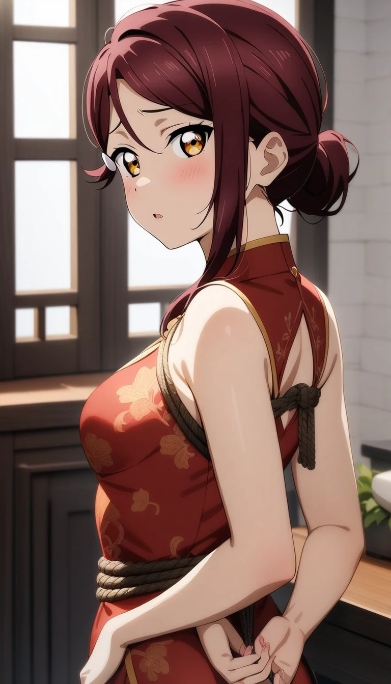 1girl, sakurauchi riko, love live!,upscale Chinese dress,Upper Body Shot,stands with its back to the viewer,hands behind back,tie up with rope,bondage,looking at viewer,perfect hands,cheenes house,masterpiece,very aesthetic,newest,sensitive