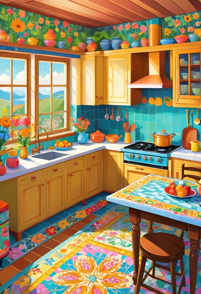 Luxury interior of a kitchen, in the style of folk art - inspired illustrations, patterned paperclippings, detailed, flowers, in the style of patchwork patterns, illustrated by olivia Gibbs, animated mosaics, kitsch and camp charm, bright pastel colours, bold patterned quilts, mixes painting and ceramics, precise, detailed architecture paintings, chalk art, ((cute and dreamy People)), ((humans))