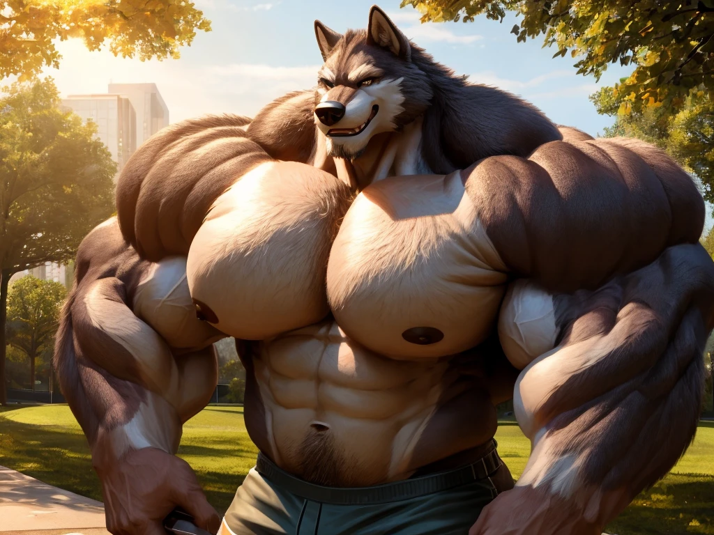 1boy, 1man, solo, (furry wolf), Park, extremely huge muscular, massive muscular , (topless, shirtless, shorts), well-muscled old man. ((extremely muscle size, super thick arms, huge pec, hyper pec, bigger chest, extremely wide pectoral , huge arms)), wide smiling. Add textures and details to make the image more realistic, such as the appearance of the. Make sure the resulting image is high resolution, 8K quality