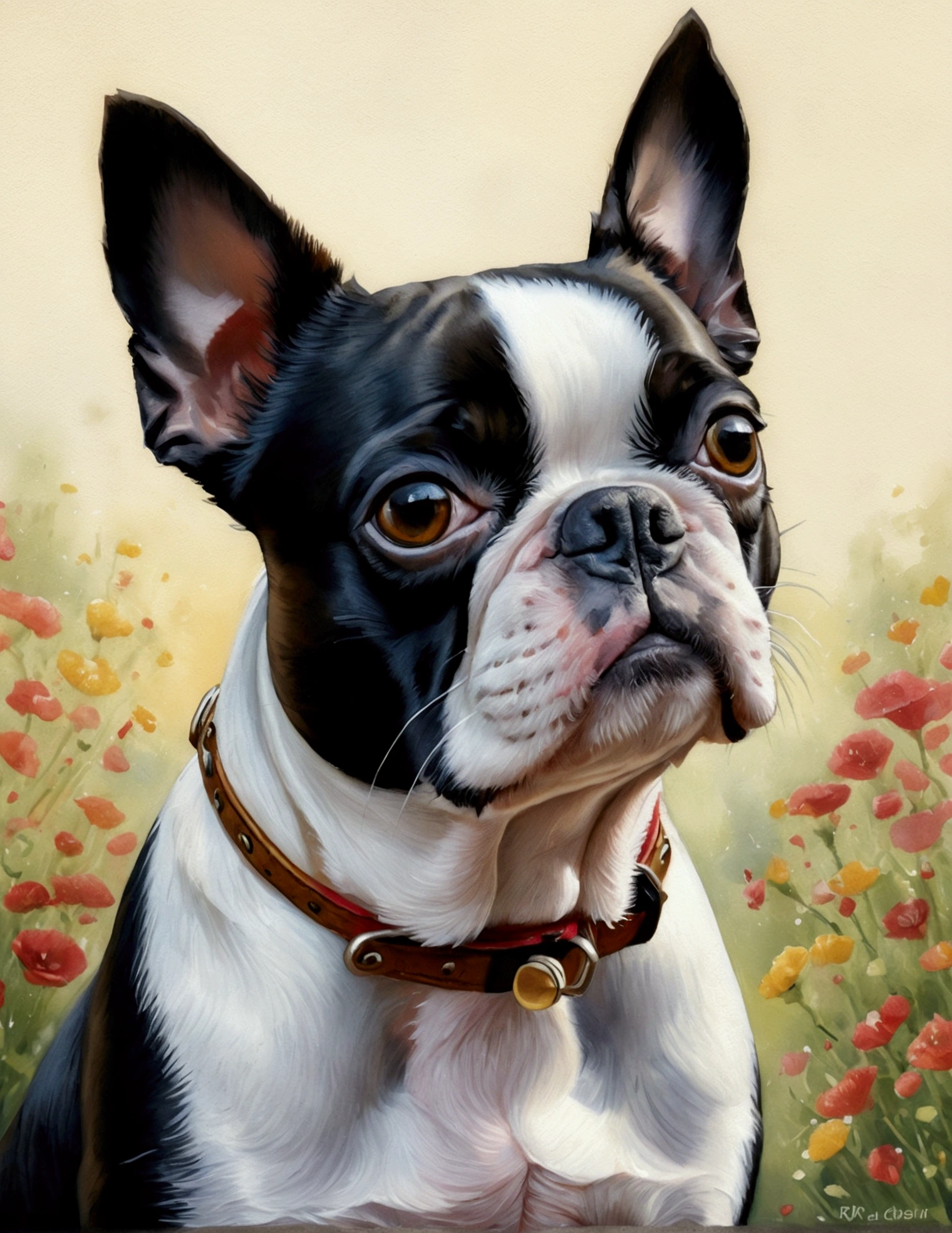 (best quality,4k,8k,highres,masterpiece:1.2),ultra-detailed,(realistic,photorealistic,photo-realistic:1.37),watercolor,oil painting,hand-drawn,Boston Terrier Dog,soft colors,layering,oil painting style,subtle brushwork,exquisite details,fine brushwork,impressionist oil painting,pointillism oil painting.