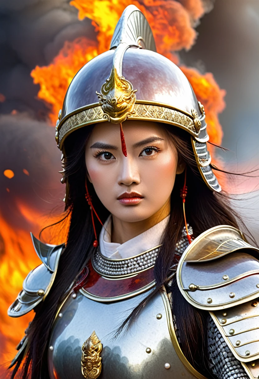 Close-up of an immortal female warrior in Vietnamese mythology, 18 years old, decorated with pearls, majestic and majestic, bright eyes, long hair, extremely beautiful, shiny iron armor, fierce iron helmet, weapon is a tightly rolled bundle of ivory bamboo, invincible female warrior, ((background of smoke, fire, lightning)), ((blood stains on armor, helmet)).
The eyes are filled with hatred and the power to destroy enemies. Behind are traces of blood and violence. The sky is filled with swirling, fiery clouds. The photo conveys a strong sense of the appearance of a warrior