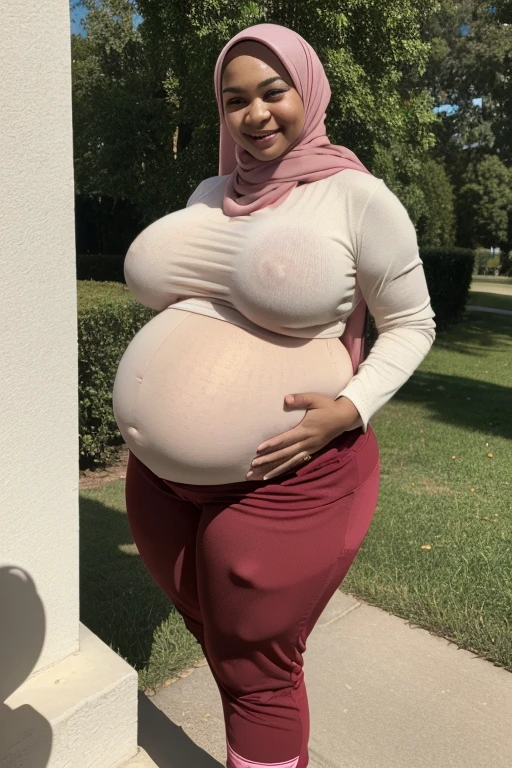 ((Best quality, 8k, Masterpiece :1.3)), Malay milf in hijab, attrative milf, ((short woman: 150 cm)), smile, potrait, wearing sweater, jogger pants, chubby body, BBW, weight gain, obesse, pregnant milf, huge pregnant belly, jiggly fat and round pregnant belly, third trimester, 45 weeks of pregnancy, outgrowing pregnant belly, overexposed her pregnant belly, (HYPERPREG), (GIGANTIC PREGNANT BELLY), (HEAVY WIDE BUTT), huge thigh, fat ass, huge breast

