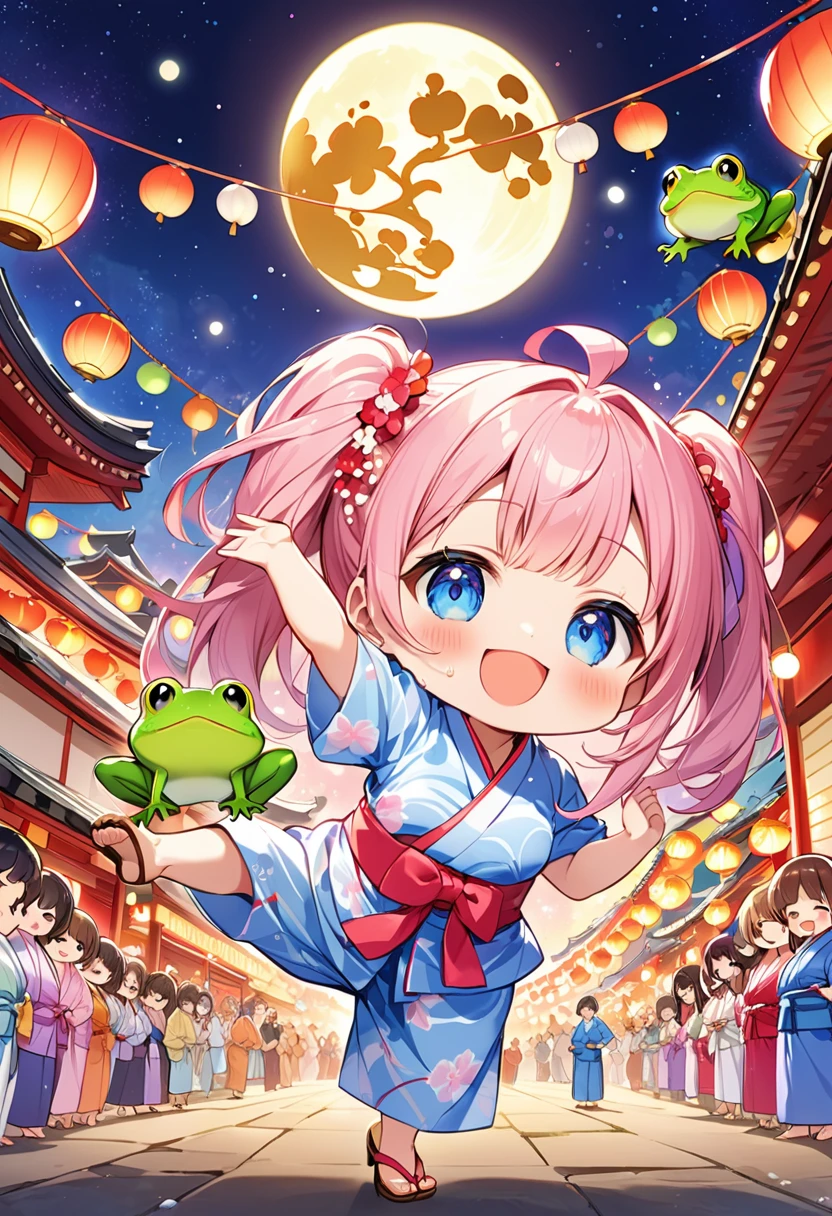 Highest quality、High resolution、Detailed Background、Beautiful face in every detail、Anatomically correct、Detailed facial expressions、fine grain、((full body, from below:1.5, side shot)), break　((One Girl:1.2)、(Chibi Girl:1.2))、Cute hair color、Big beautiful blue eyes、Fuller lips、Pink Lips、Braided twin tails、Ahoge、(Dancing at the Bon Odori festival in the summer:1.2)、(Cute Yukata、Cute sandals)、break　((Place one arm above your head:1.2、Stretch one arm horizontally to the side:1.2、(Looks like a lot of fun、Smiling loudly:1.2、Sweat、Holding a frog))、break　(The background is a shrine at night、Bon Odori Contest、Many people in yukata dance in a line、full moon)