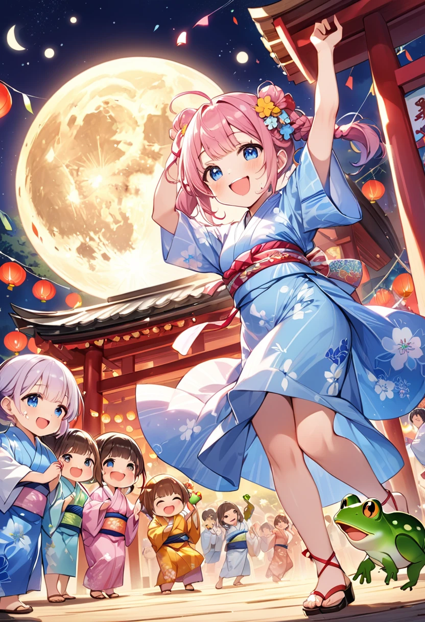 Highest quality、High resolution、Detailed Background、Beautiful face in every detail、Anatomically correct、Detailed facial expressions、fine grain、((full body, from below:1.5, side shot)), break ((One Girl:1.2)、(Chibi Girl:1.2))、Cute hair color、Big beautiful blue eyes、Fuller lips、Pink Lips、Braided twin tails、Ahoge、(Dancing at the Bon Odori festival in the summer:1.2)、(Cute Yukata、Cute sandals)、break ((Place one arm above your head:1.2、Stretch one arm horizontally to the side:1.2、(Looks like a lot of fun、Smiling loudly:1.2、Sweat、Holding a frog))、break (The background is a shrine at night、Bon Odori Contest、Many people in yukata dance in a line、full moon)