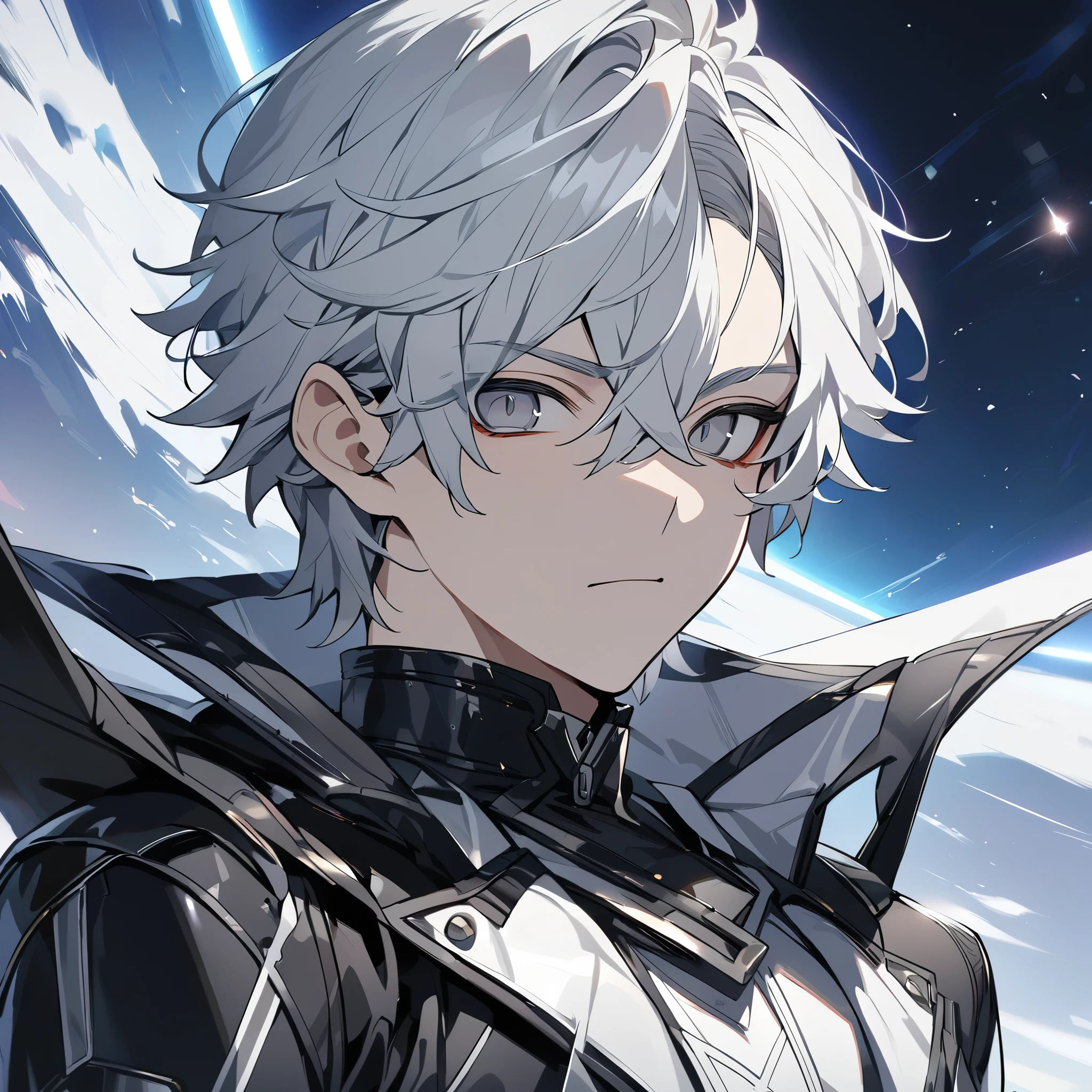 High quality, HD, 4k, no shadows, handsome male, 1male, 17 years old, teenager, short white hair, silver hair, white hair, sharp eyes, grey colored eyes, deep grey eyes, grey eyes, devil may cry, close up, calm expression, stoic expression, black leather clothes, white leather clothing, lean body, well trained body, upper body, looking at viewer, cowboy shot, white solar, space background