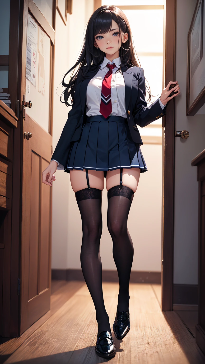 (masuter piece, Best Quality), , Black hair, , Petite, hi-school girl,cold-faced woman、 School uniform,、Straight Long Hair、Hairstyle with middle parting、 up skirt, Lace pantie 、(I can see my panties:1.6)、, verandah,stand inside the balcony fence、Angle from downstairs、 （Cold expression:1.6),A look of contempt, Sunlight shines in, （Cold Face:1.8）,（Ultra-detailed panties:1.8）、(Cameltoe:1.５),