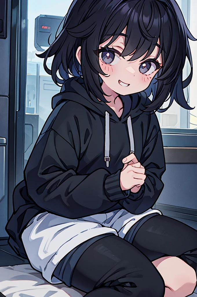 (roughly 13), cute face, wearing comfortable hoodie, short pants, black hair, smiling, cute expression