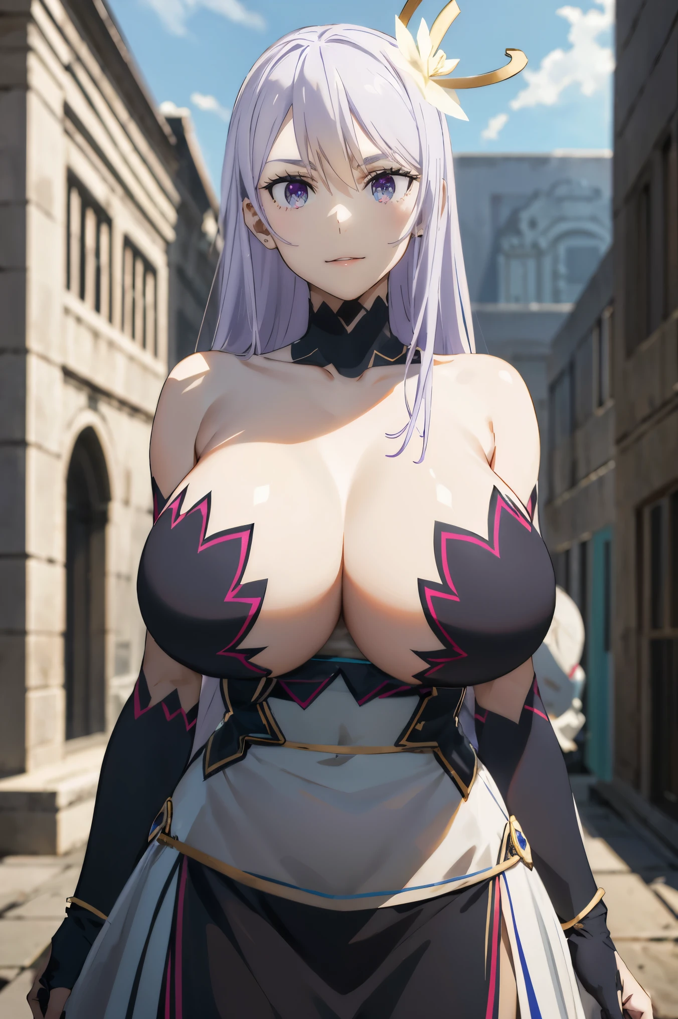 masterpiece, ((royal dressed)), ((wing)), halo, (best quality), (solo), 1girl, reona, silver hair, purple hair , (long skirt), long hair, purple eyes, sexy woman, hair between eyes, hair ornament, vibrant colors , natural lighting, RTX, (huge tits), (detailed face:1.2), (perfect eyes:1.1) ,(photorealistic:1.1), 8k uhd, looking a viewer, outdoors, simple backround, smile, (upper body), random pose, ((open legs), temple ruins, cleavage