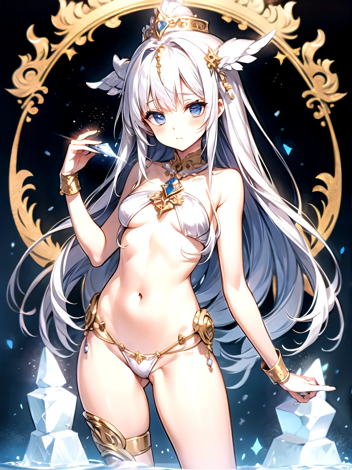 (crystal artifact), (metallic accessory), (erotic priestess), (white bikini)(gold rim), (thin thong)(narrow thong)sharp(highleg), narrow constricted waist, bellybutton, narrow hips, fantasy, mythical altar, (stone sculpture)encrypting