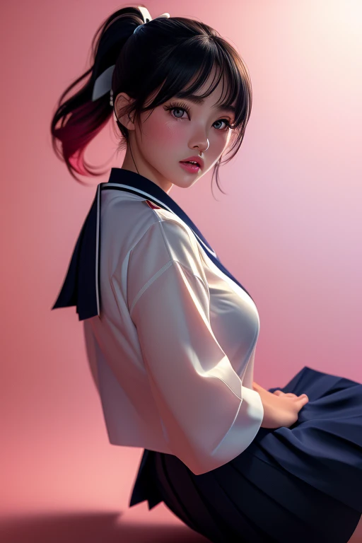 masterpiece, best quality, cinematic, photorealistic, ultra-detailed), (1girl, female Japanese student), (wide shot, from the front:1.4), (wearing a Traditional seifuku with a navy blue skirt and white blouse:1.5), (natural black hair, high ponytail tied with a simple ribbon:1.2), perfect hands, perfect face, (tall height, wide hips, long round legs, sexy legs, round ass), (massive natural soft tits), (hazel eyes, soft and shimmery eyeshadows, detailed pupils, defined eyelashes), (blushing, slightly parted lips, nude pink lips:1.2), (gradient background:1.3), (crouching seductively:1.4)
