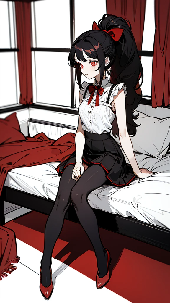 using pantimedies, wavy black hair, piercing look with deep red eyes, average stature, Silky hair with a ponytail hairstyle collected with a red bow with two white lines, with clothes, has a vagina, has breasts, cup of breasts, small breasts, slim, foreground, Session, sitting in her room, sitting on the floor of her room, wearing pantyhose, using pantimedies, Picardias, short skirt, shoes, blouse with straps