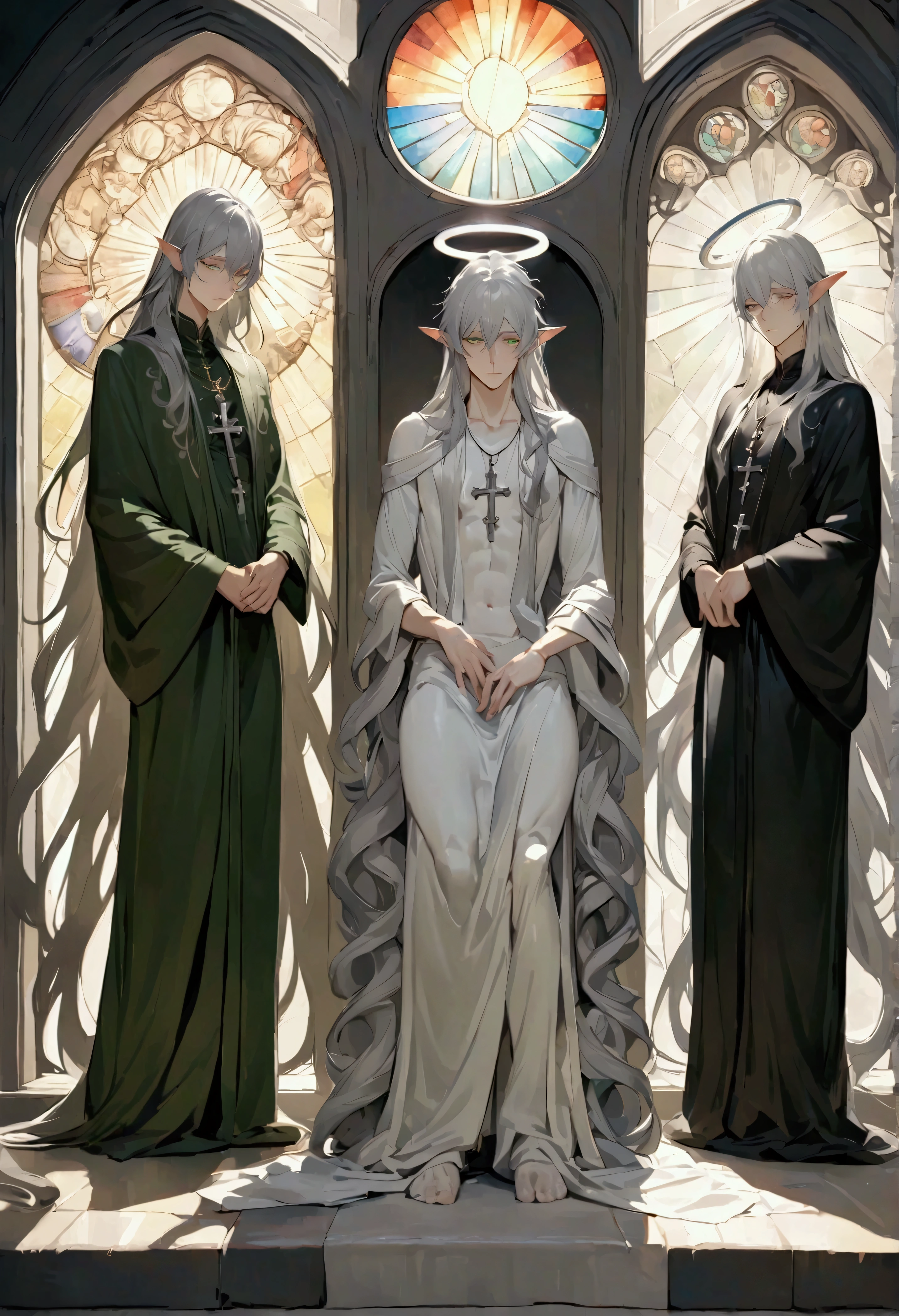 male, curtained hair, silver hair, shiny hair, absurdly long hair, halo, Light green eyes, A look of pity, dropping eyes, Elf ears, Divine, Dark green godfather robe, Silver cross necklace, Church stained glass window, Colored windows, Painting on the stained glass window, Colored windows, curtained hair, silver hair, shiny hair, absurdly long hair, halo, Full-length statue, Gothic art, Classicism, photomosaic, symmetry, Neoclassicism, Gothic art, Classicism, photomosaic, photomosaic, UHD, anatomically correct, super detail, UHD, anatomically correct, super detail, textured skin, textured skin