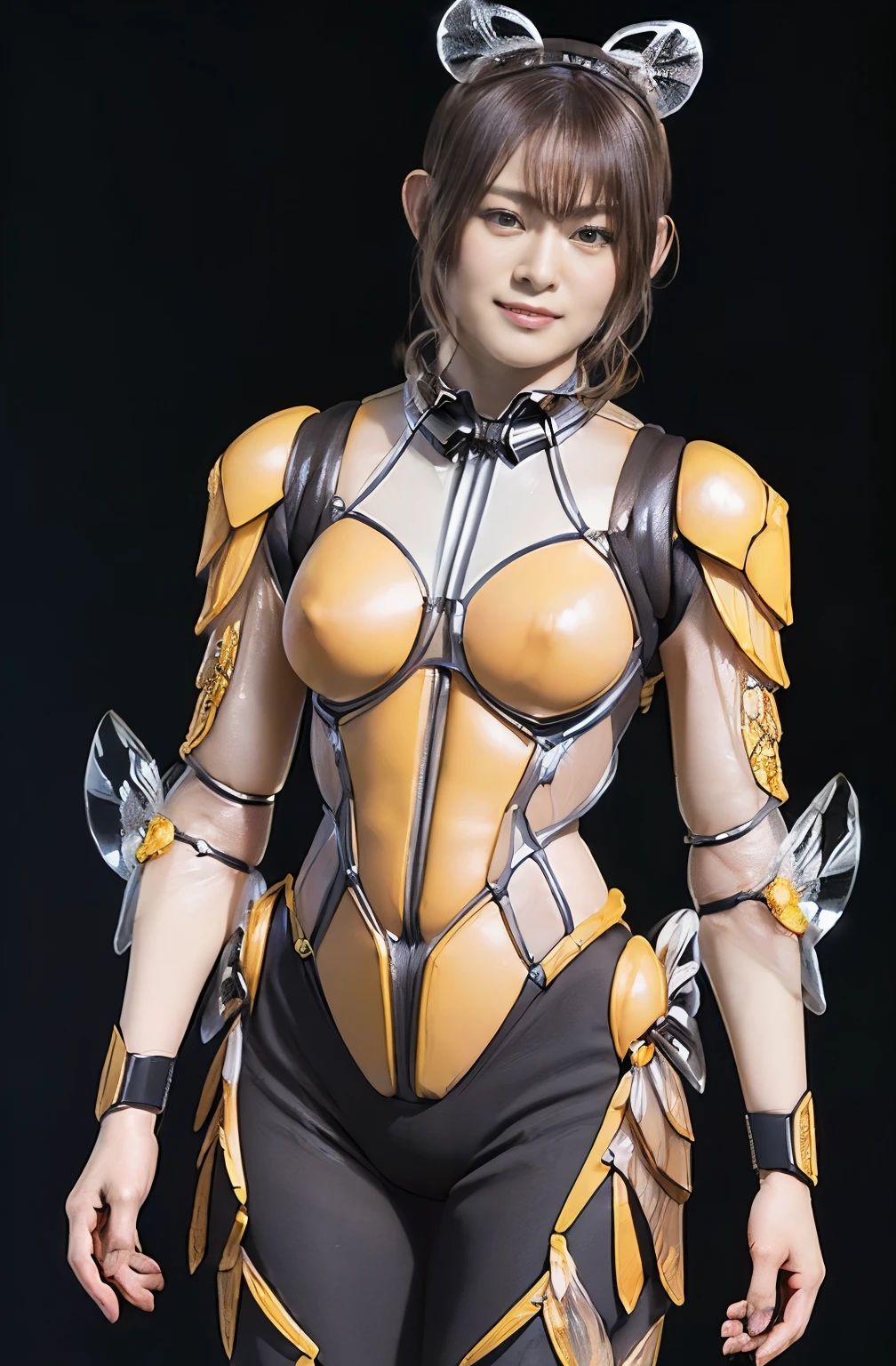 (high resolution,masterpiece,best quality,extremely detailed CG, anime, official art:1.4), realistic, photo, amazing fine details, all intricate, gloss and shiny,awesome many layers, 8k wall paper, 3d, sketch, kawaii, illustration,( solo:1.4), perfect female proportion,villainess, (fusion of queen bee and lady:1.4), (queen bee form lady:1.2), (queen bee lady:1.2), (fusion:1.2), (solo:1.4), (evil smile:1.2), muscular, abs, (queen bee exoskeleton bio insect suit:1.4), (cockroach brown exoskeleton bio insect armor:1.2), (brown transparency queen bee wing:1.4), (brown queen bee antennae:1.3),