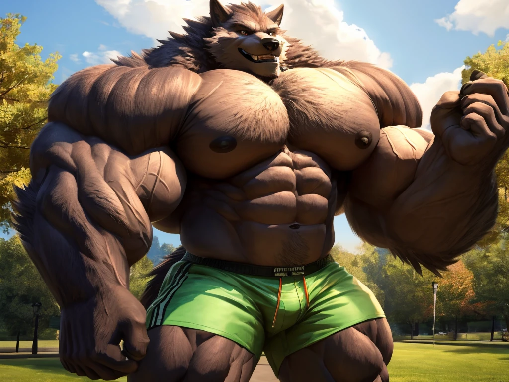 1boy, 1man, solo, (furry wolf), Park, extremely huge muscular, massive muscular , (topless, shirtless, shorts), well-muscled old man. ((extremely muscle size, super thick arms, huge pec, hyper pec, bigger chest, extremely wide pectoral , huge arms)), wide smiling. Add textures and details to make the image more realistic, such as the appearance of the. Make sure the resulting image is high resolution, 8K quality