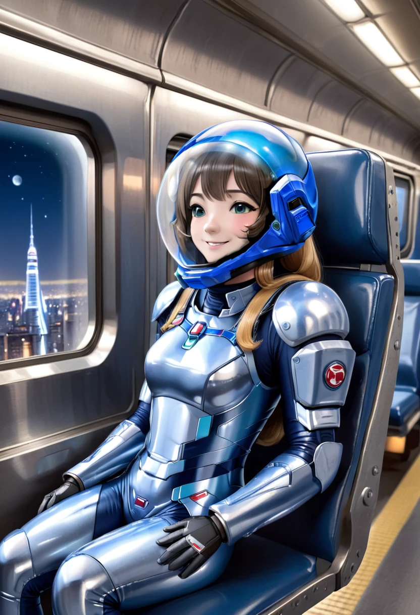 space helmet, (cinematic scene, sitting on a chair, train interior, , city view, night view: 1.5), space helmet,, space suit, smile bubble helmet, very detailed, speed helmet, bubble helmet, ,upper body, blue bodysuit,