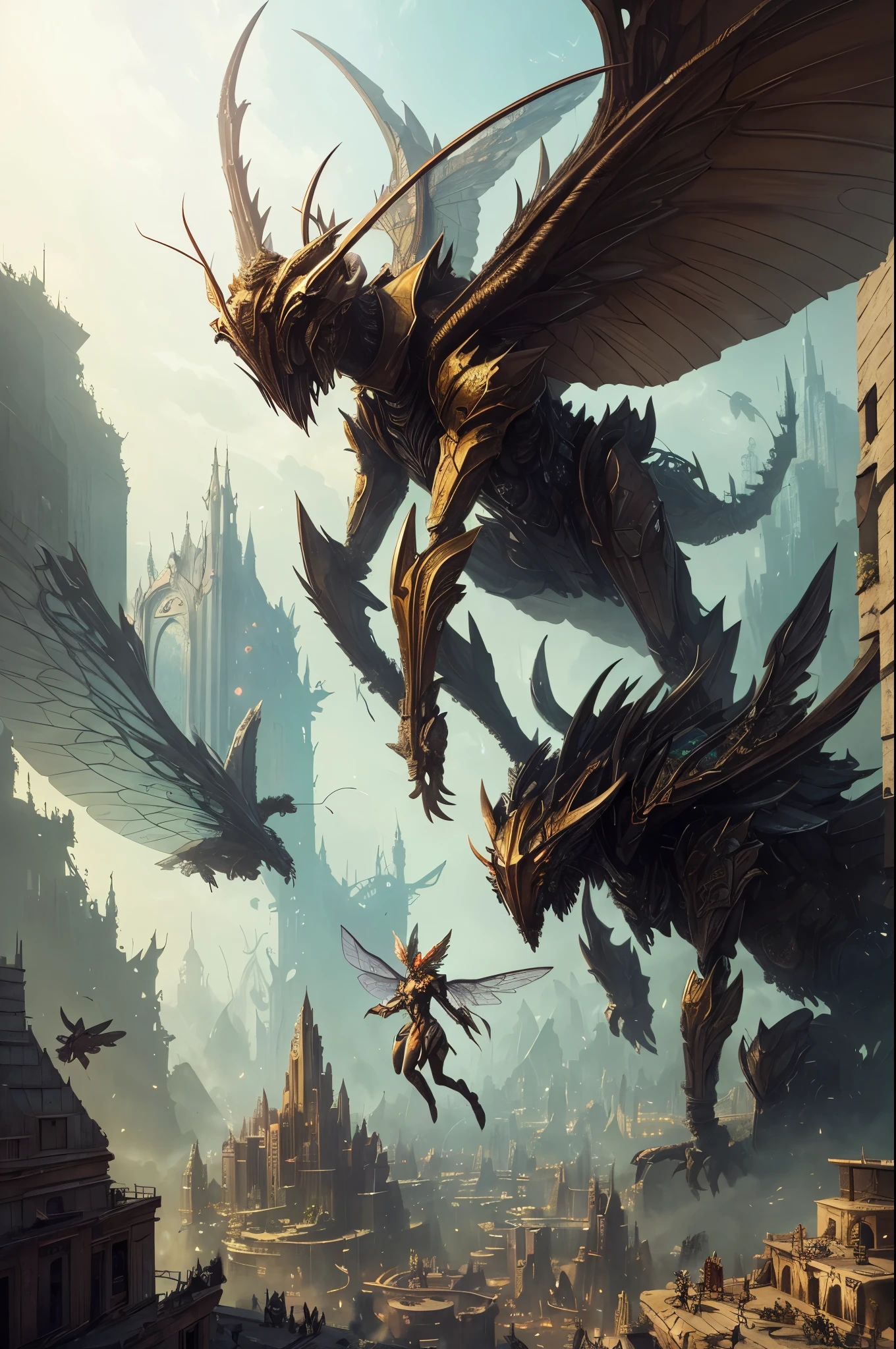 destroyed city,Anthropomorphism of giant insects,Insect animal humanoid woman,Attack status,With wings, hyper-detailed fantasy character, beautiful full-body concept art, Amazing 8K character concept art, detailed full-body concept, Peter Mohrbacher. illusory engine、