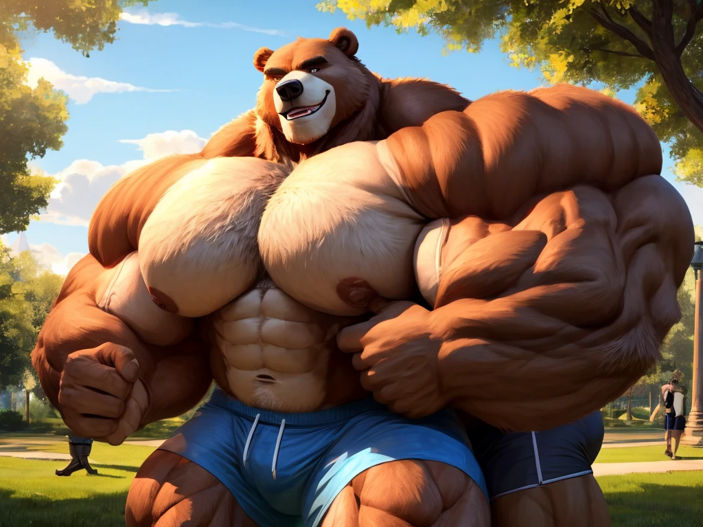 2boy, 2man, duo, (furry bear), Park, extremely huge muscular, massive muscular , (???????, shirtless, shorts), well-muscled old man. ((extremely muscle size, super thick arms, huge pec, hyper pec, bigger ?????, extremely wide pectoral , huge arms)), wide smiling. Add textures and details to make the image more realistic, such as the appearance of the. Make sure the resulting image is high resolution, 8K quality