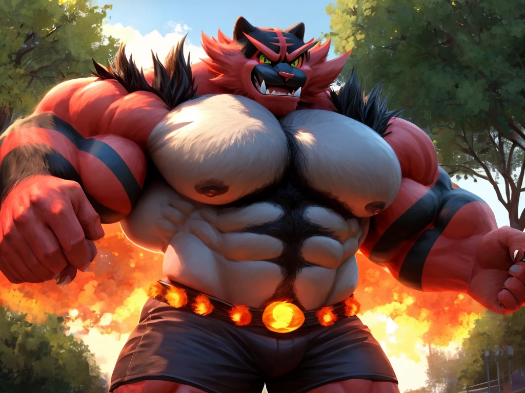 1boy, 1man, solo, (furry incineroar), Park, extremely huge muscular, massive muscular , (topless, shirtless, shorts), well-muscled old man. ((extremely muscle size, super thick arms, huge pec, hyper pec, bigger chest, extremely wide pectoral , huge arms)), wide smiling. Add textures and details to make the image more realistic, such as the appearance of the. Make sure the resulting image is high resolution, 8K quality