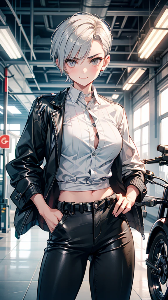 adult Boyish Woman Pixie Cut I slicked my hair back.. Silver Hair Long, narrow eyes smile Glare frivolous attitude tall Muscular Factory work clothes Stand in front of a motorcycle Put your hands on your hips