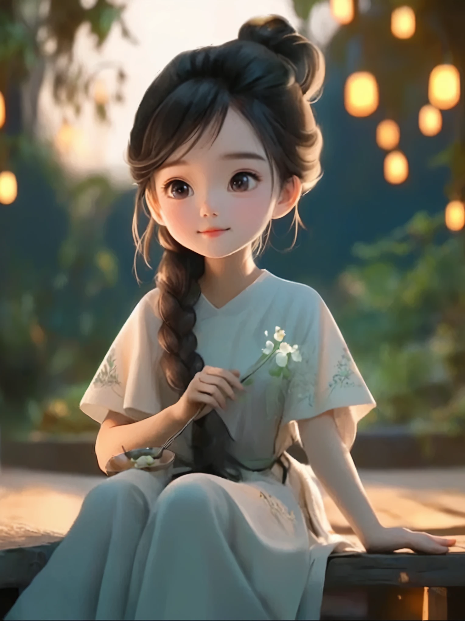 A long-haired girl sitting on a bench，Holding a cup in hand, Lovely细致的数字艺术, Lovely的数字艺术, Lovely卡通 character, Lovely的肖像, Lovely卡通, Lovely的角色, Soft portrait shots 8 k, Lovely的数字, Lovely的 3d 渲染, Lovely, Lovely的动漫女孩, Lovely美丽, Beautiful soft lighting, Lovely, Lovely的卡哇伊女孩