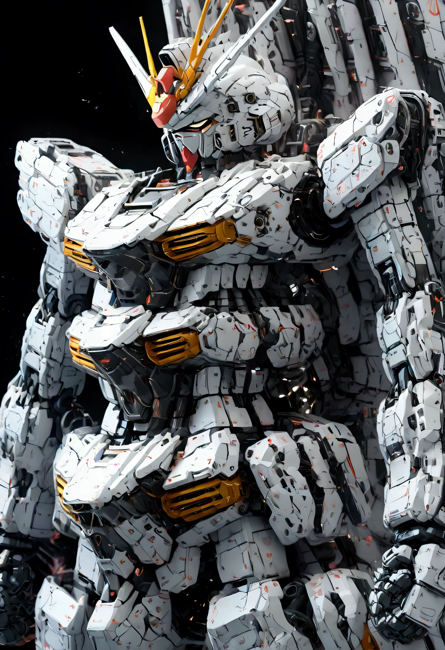 masterpiece, ((Very detailed background, Delicate pattern, Intricate details)), (Very detailed, Finer details), Highest quality, Beautiful lighting, (High resolution:1.5),(practical:1.5),(reality:1.5), Not anime, 8k, realistic, High resolution, Clear photos, 3D model, ((Gundam, RX-78)), ((shiny like metal)), glowing, 