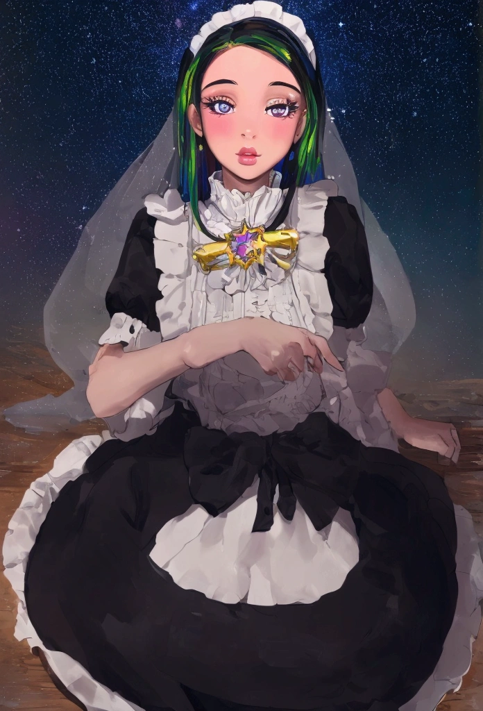 masterpiece, Highest quality, masterpiece, God-like quality, Godly art, Highly detailed face, whole body, Very realistic, cute, Young girl, Big eyes, Long eyelashes, Multicolored Hair, Variegated eyes, Glowing Skin, Fuller lips, Big Lips, Glowing Skin, blush, Nice views, In space, Starry sky background, performer, Dazzling Light, Versatile light, Maid clothes