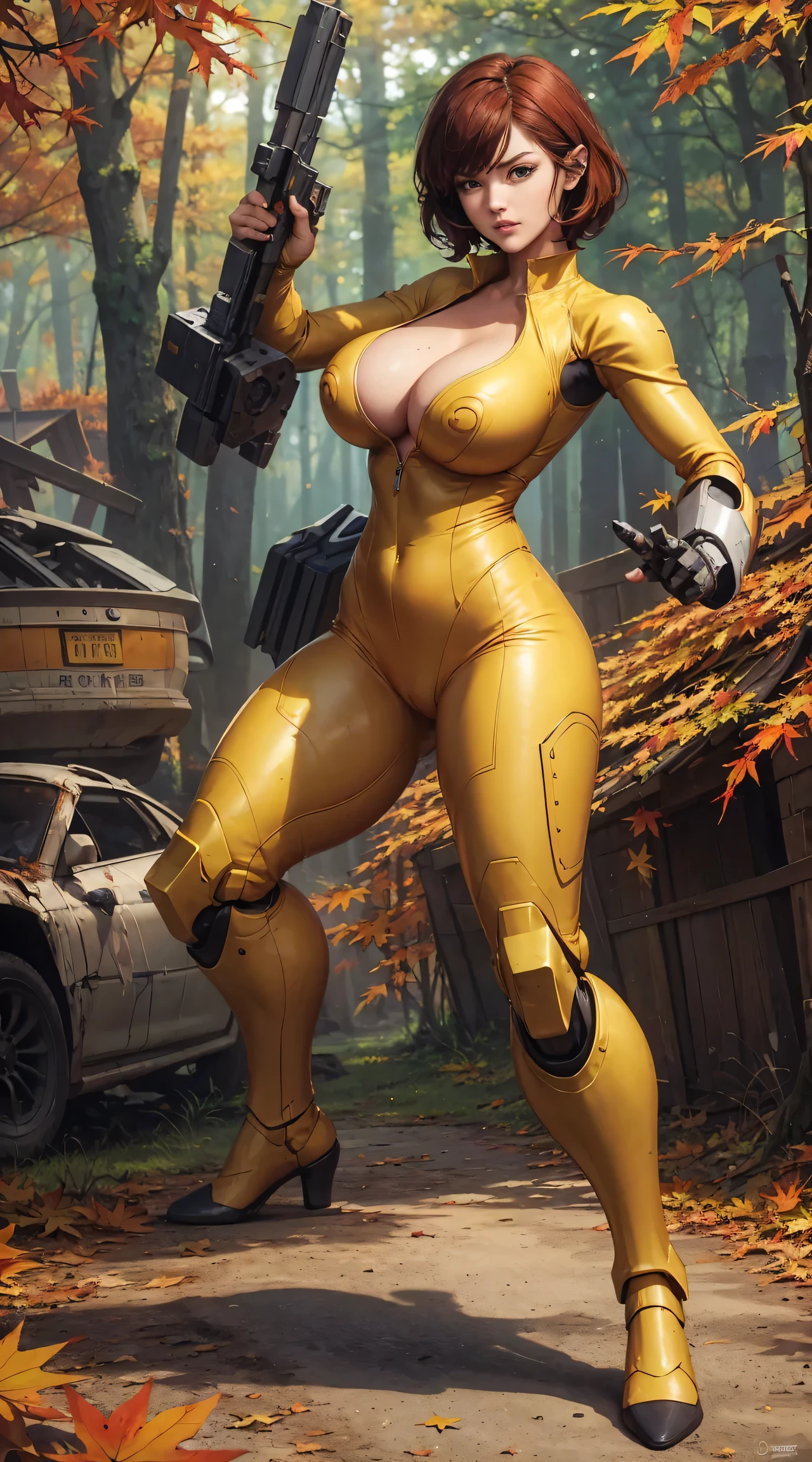 masterpiece, (1girl), extremely detailed female character, full body shot, best quality, (april oneil, tmnt), (curvy, athletic, pointy ears), (aprnil, a woman in yellow jumpsuit, short red hair, cat cutout, cleavage cutout), medieval era, fantasy clothes, anime style, (medieval mecha sci-fi suit, autumn forest background, destroyed town, action pose:1.5), (nsfw)