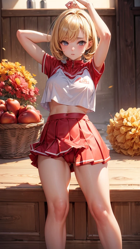 (masterpiece, highest quality, ultra high res, ultra detailed:1.3), 1 cute girl, ideal ratio body proportions, blonde short hair, cheerleader costume, red pleated mini skirt, clothes covered nipples, cameltoe,