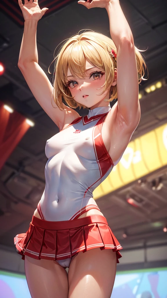 (masterpiece, highest quality, ultra high res, ultra detailed:1.3), 1 cute girl, ideal ratio body proportions, blonde short hair, cheerleader costume, red pleated mini skirt, clothes covered nipples, cameltoe, 