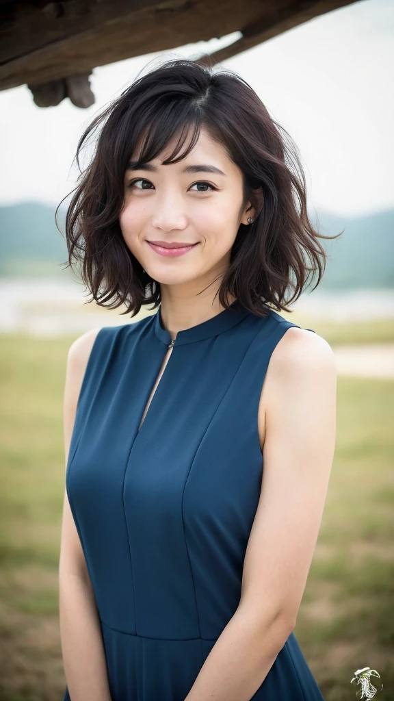 You are a professional photographer。 , short hair blown by the wind. She has a faint smile , Perfect Eyes, Perfect hands, Perfect body, Perfect Hair, Accurate the body, masterpiece, Accurate, Anatomically correct, Rough skin, Very detailed, Advanced Details, high quality, 最high quality, High resolution, 16K, 8k, Looking into the camera,Bold dresses、Thighs、happiness/joy, Character profile, Close-up,