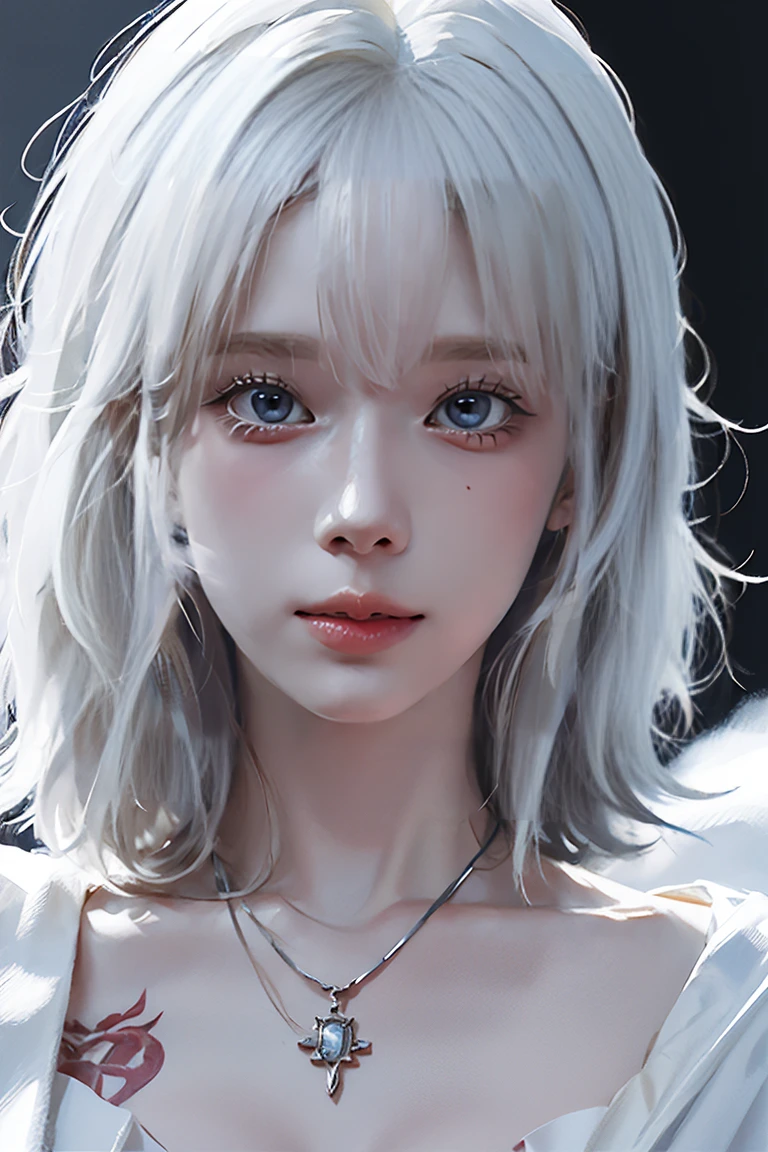 ((Close-up of a woman with tattoos on her chest)), girl, ((Short white hair with bangs, Black strands of hair)), Purple eyes, White T-shirt and white cape, Pendant around the neck. 超High resolution.Realistic. 超High resolution.Realistic:1.4,超High resolution. Realistic,High resolutionで, masterpiece, Highest quality, Very detailed, Better Shadows, Volumetric lighting), super high quality, High resolution, 8k, 超Realisticな肖像画 , Realistic, Dynamic Lighting, Volumetric lighting, Very detailed顔,(Browsing Caution:0.8),Large Breasts