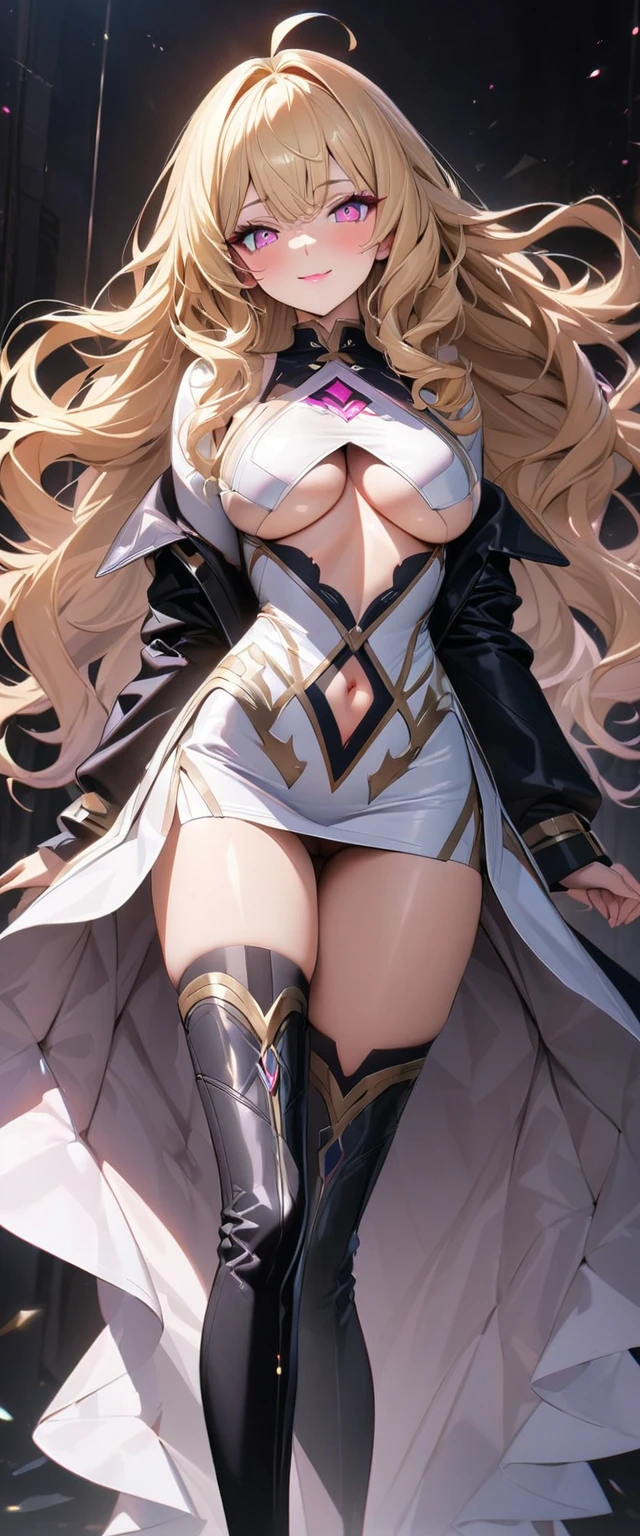 (Perfect Anatomy)、Mastepiece、Ultra High Quality、 8k、masterpiece、Highest quality、Ultra-high resolution、Maximum resolution、Very detailed、Professional Lighting、anime、woman、thin、Very beautiful face、Very beautiful eyes、(Highly detailed eye)、Highly detailed face、Blonde, (ahoge), wavy hair, Pink eyes, (gold hair, green dip-dye hair), stomach cutout, thigh boots, high heels, white mini pencil skirt, white off shoulder, makeup, eyeliner, eye shadow, pink cheek, pink lips, smile, underboob, full body,