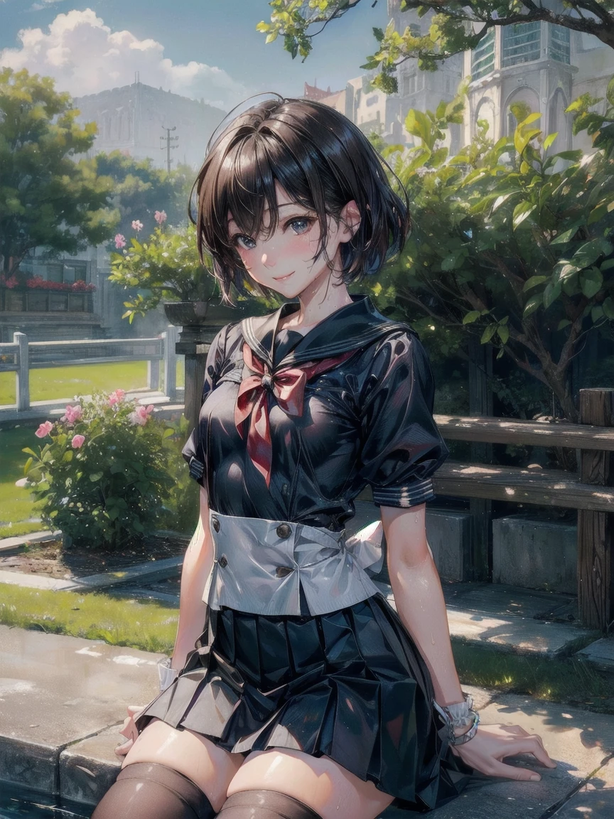 (masterpiece), best quality, detailed black hair, (((wearing a realistic and detailed short skirt and school costume))) detailed perfect skin, intricate perfect beauty face, detailed sharp beauty eyes, (((from face to the waist))), (((beauty slim shape))), 4k, UHD, (((sensual pose)))