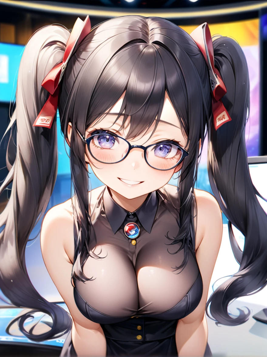 (Highest quality, 8k, 32K, masterpiece, Ultra-high resolution,:1.2),to be born, One Girl,So cute , Fantasy background like a news studio, clear, Shining Eyes, Age 25 ,Fair skin, Girl with black hair, Slanted Eyes, Long Hair, An innocent smile, Grin, Large Breasts, announcer, news caster,Glasses, Twin tails