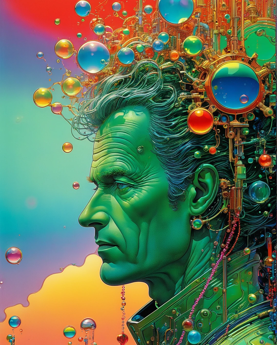 Moebius (Jean Giraud) Style - A picture by Jean Giraud Moebius, ((masterpiece)), ((best quality)), (masterpiece, highest quality), (masterpiece),
(extremely intricate all details)、(extremely realistic all Texture ) 、Viscous liquids,Portrait of a man made of colorful metal,Machine Gear,Neon Gradient,
(Soaring colorful bubbles,Vaporwave:1.37),(Laser colorful light waveetal Refraction,(Many liquid bubbles:1.37)、Colorful gradient geometric art and other elements,
Futuristic and retro elements collide、Recombination。Exaggerated artistic expression,Concept Art, red,green,green, crystal clear art style by Moebius