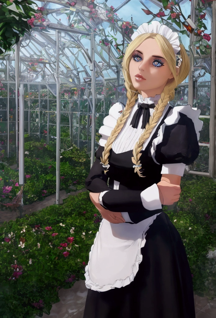 ((Floral Style)), (Advent), (One girl), (((alone))), (Realistic:1.5), Particles of light, light, Victorian, (Best illustrations), photoRealistic, Octane Rendering, 8k, Neon Light, Flying Car, Detailed face, Detailed eyes, ((Maid)), Maid headband, Long braids, Very long hair, Blonde, blue eyes, (Sharp eyeliner, eye shadow, Detailed eyes:1.1), (Urzan-6500), Model pose, (Are standing), (Outdoor), noon, Public place, indoor, (Greenhouse in the background), Blake G36