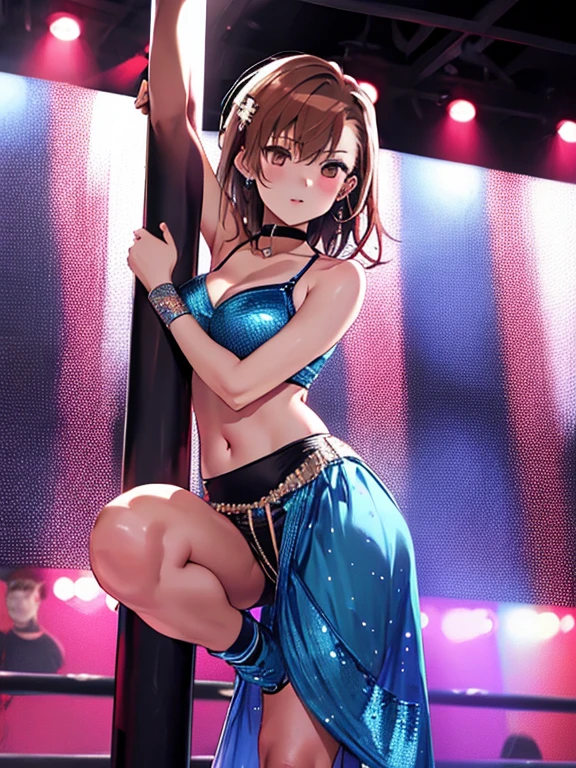 1girl,  standing, bodycon, microdress, shiny pink dress, elbow gloves, navel, waist cutout, underwear, microskirt, cameltoe, thighhighs, o-ring, necklace, bracelet, golden, jewelry, gazing condescendingly at the viewer with a cute grinning expression, extremely detailed and realistic, masterpiece quality, ultra-detailed, HDR, studio lighting, vivid colors, physically-based rendering, thick muscular thighs, beautiful muscular thighs,((Raise your arms, Expose your armpits), very strong wrestler